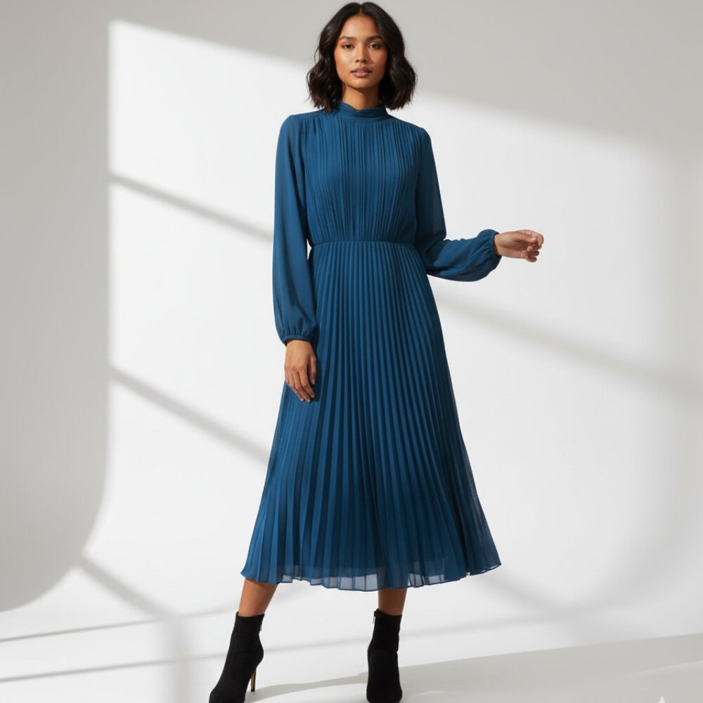 Philharmonie by Grace Women's Dress Long Sleeves Pleated Teal Tulle Size M NWT